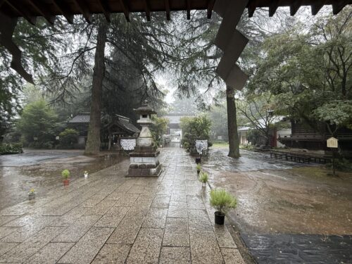 雨が強まる境内